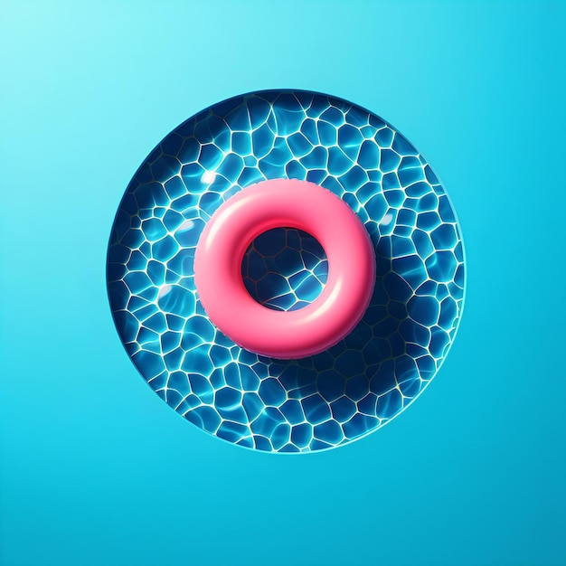 Abstracto fondo azul de agua de la piscina con anillo rosa de la piscina flotante vista superior