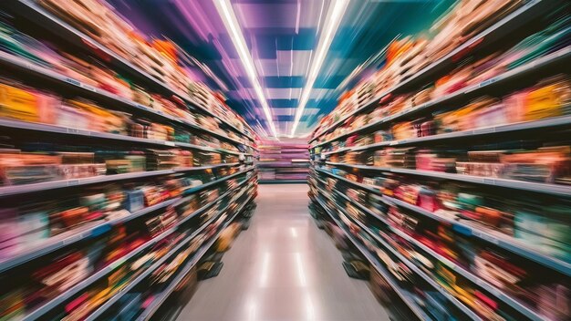 Foto abstracto fondo borroso pasillos de supermercado con coloridos estantes de mercancías