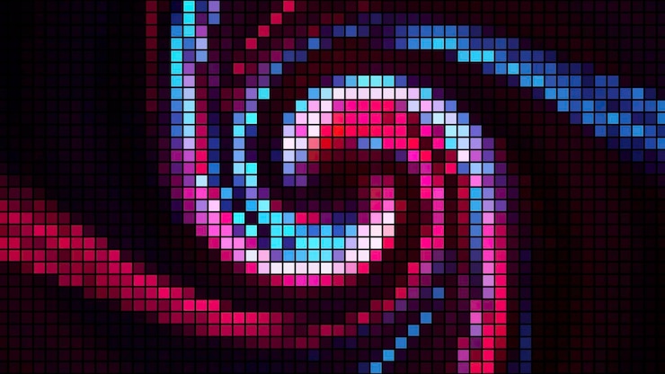 Foto abstracto fondo colorido con muchas filas de pequeños cuadrados y un movimiento de torbellino giratorio