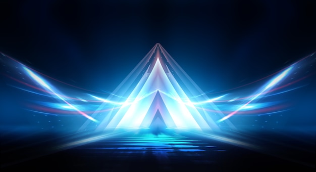 Abstracto fondo futurista oscuro Rayos de luz de neón azul se reflejan en el agua