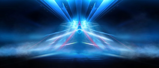 Abstracto fondo futurista oscuro Rayos de luz de neón azul se reflejan en el agua