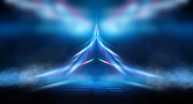 Abstracto fondo futurista oscuro Rayos de luz de neón azul se reflejan en el agua