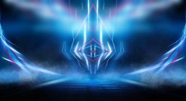 Abstracto fondo futurista oscuro Rayos de luz de neón azul se reflejan en el agua