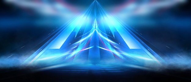 Abstracto fondo futurista oscuro Rayos de luz de neón azul se reflejan en el agua