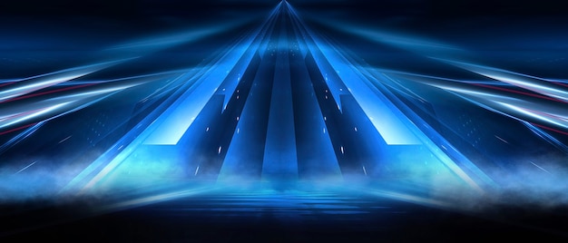 Abstracto fondo futurista oscuro Rayos de luz de neón azul se reflejan en el agua