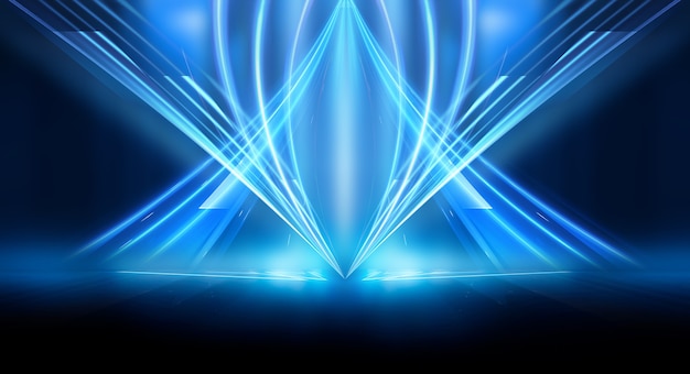 Abstracto fondo futurista oscuro Rayos de luz de neón azul se reflejan en el agua