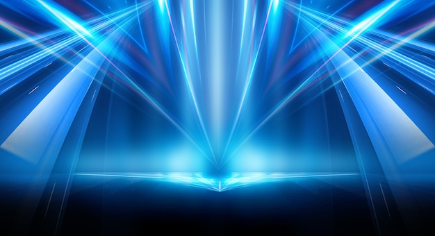 Abstracto fondo futurista oscuro Rayos de luz de neón azul se reflejan en el agua