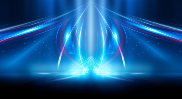 Abstracto fondo futurista oscuro Rayos de luz de neón azul se reflejan en el agua