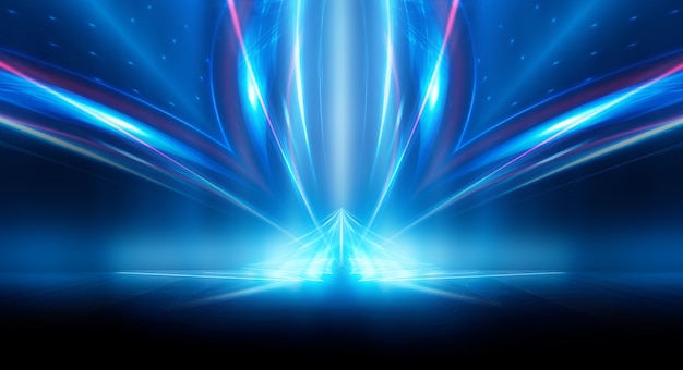 Abstracto fondo futurista oscuro Rayos de luz de neón azul se reflejan en el agua