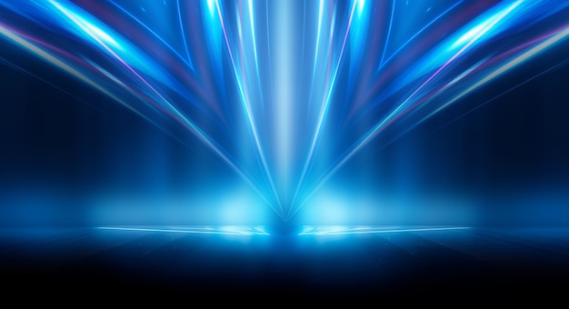 Abstracto fondo futurista oscuro Rayos de luz de neón azul se reflejan en el agua
