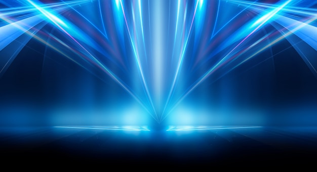 Abstracto fondo futurista oscuro Rayos de luz de neón azul se reflejan en el agua