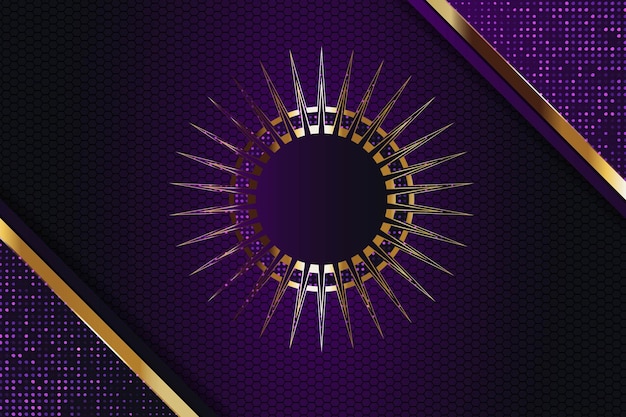 Abstracto fondo hexagonal púrpura y dorado con una ráfaga de sol brillante
