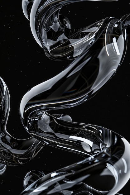 Abstracto fondo negro geométrico con tubos espirales de vidrio flujo fluido claro con dispersión y ref