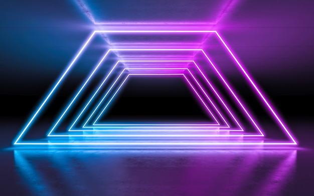 Abstracto fondo púrpura y azul luces de neón brillantes en una habitación oscura vacía con reflexión