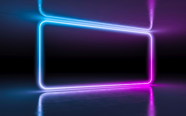 Abstracto fondo púrpura y azul luces de neón brillantes en una habitación oscura vacía con reflexión