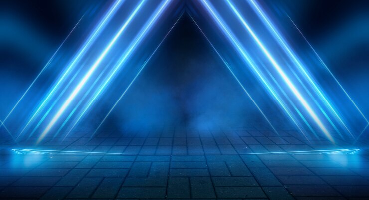 Abstracto fundo futurista escuro Raios de luz de néon azul refletem-se na água