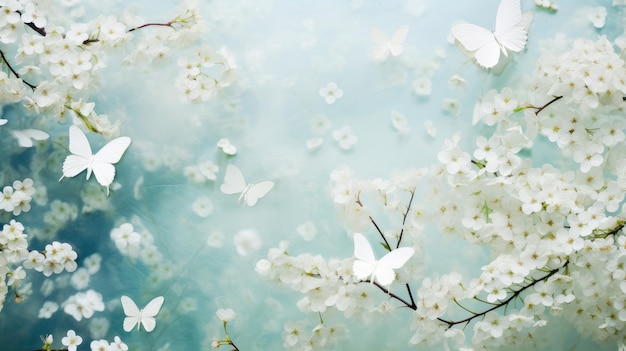 Abstracto fundo natural de primavera com borboletas e flores de prado brancas em close-up