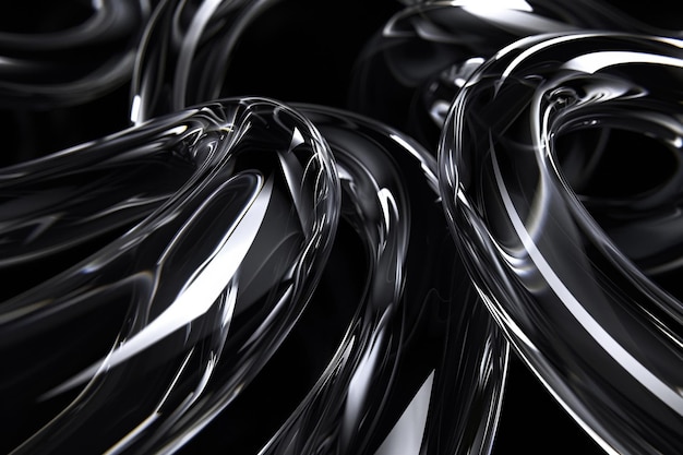 Abstracto fundo preto geométrico com tubos espirais de vidro fluem fluido claro com dispersão e ref