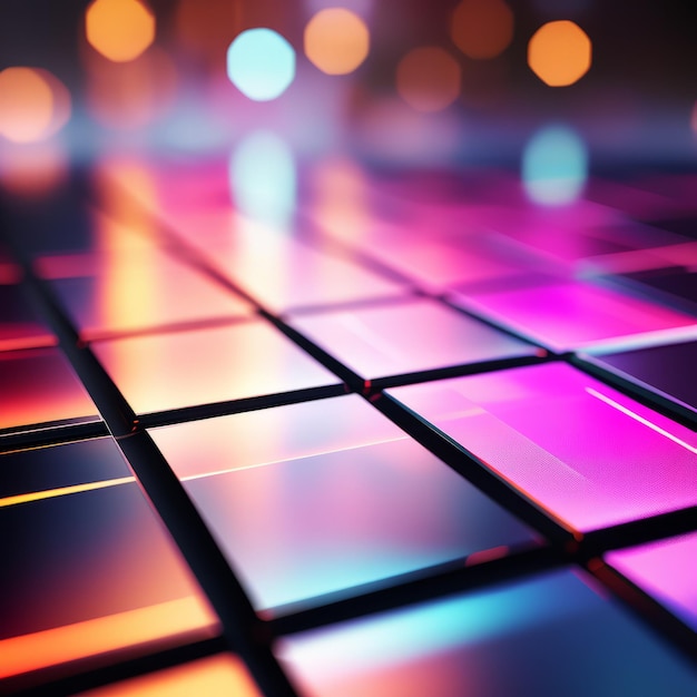 Foto abstracto futurista close-up da superfície de quadrados pretos com iluminação colorida entre eles