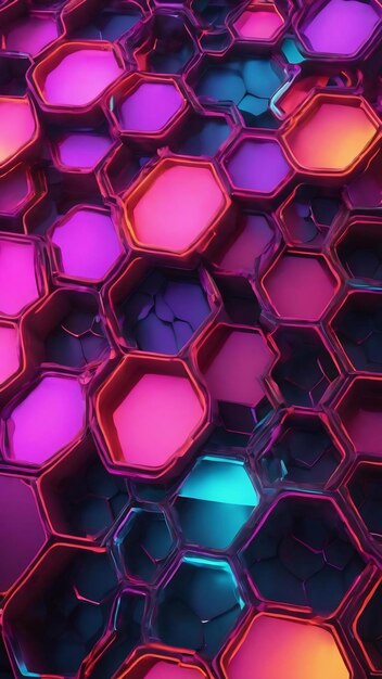 Abstracto futurista superfície de favo de mel hexagonal elementos geométricos de células de luz de néon padrão 3d render