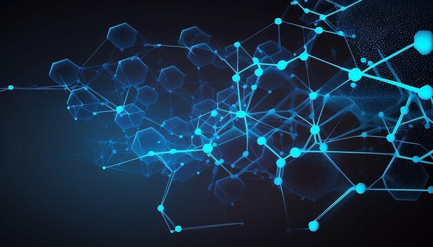 Abstracto futurista Tecnología de moléculas con formas poligonales sobre fondo azul oscuro
