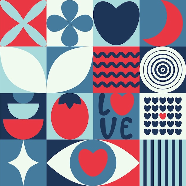 Abstracto geometrico bauhaus patrón sin costuras corazón amor otras formas primitivas y formas vector