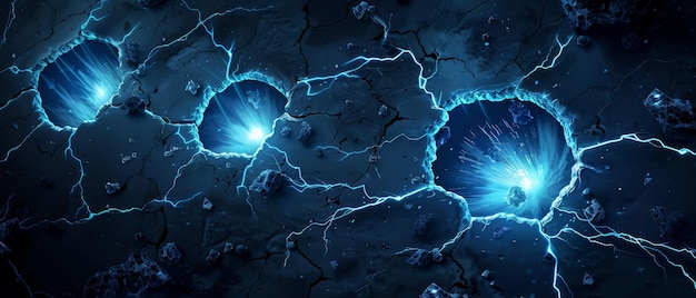 Abstracto grietas de luz en el suelo agujeros azules brillantes en fondo negro con niebla y partículas brillantes descarga eléctrica efecto de energía mágica explosión demolición