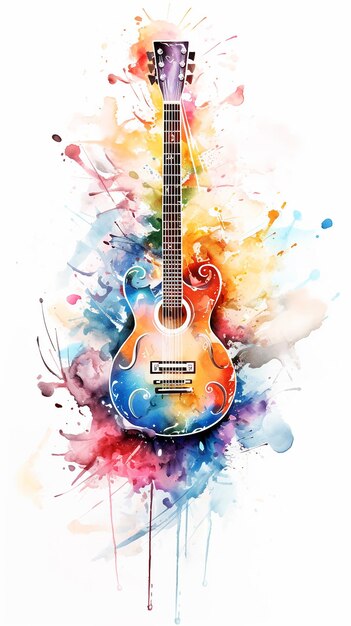 Abstracto Guitarra de acuarela explotando con motivos de colores