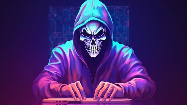 Abstracto hacker encapuchado con cara oculta trabajando en portátil Tecnología de fondo cyberpunk Cinemati