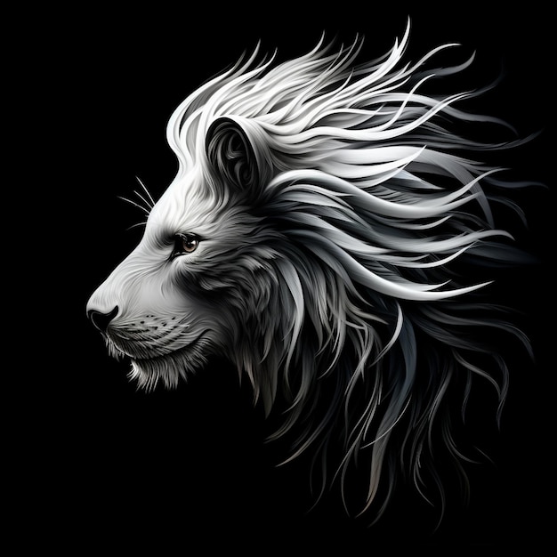 Abstracto hoja negra y blanca cabeza de león en fondo negro IA generativa