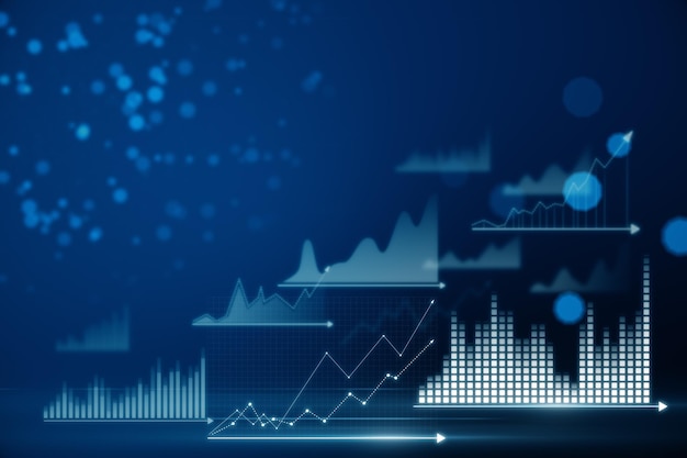 Abstracto holograma de gráfico de negocios brillante en fondo de bokeh azul borroso Informe financiero y concepto de AI Renderización 3D
