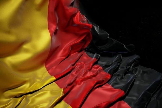 Abstracto Ilustração 3D da bandeira da Alemanha em tecido ondulado em um ambiente escuro com desfocamento