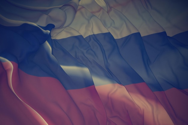 Abstracto Ilustração 3D da bandeira da Rússia em tecido ondulado em ambiente sombrio