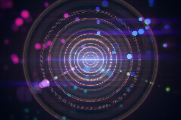 Abstracto lente oscura borrosa o textura de interfaz redonda con cuadrícula y círculos bokeh borrosos Concepto de ciencia ficción espacial y llamarada 3D Rendering