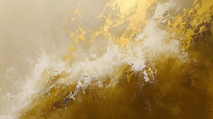 Abstracto lienzo de salpicaduras de pintura dorada y blanca