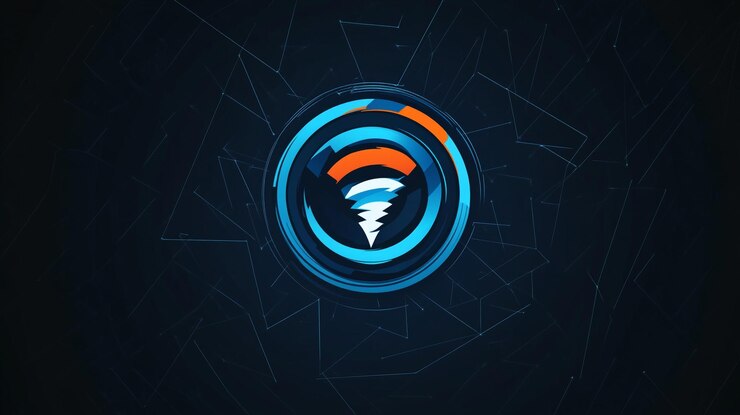 Foto abstracto logotipo del círculo azul y naranja en fondo oscuro con líneas geométricas