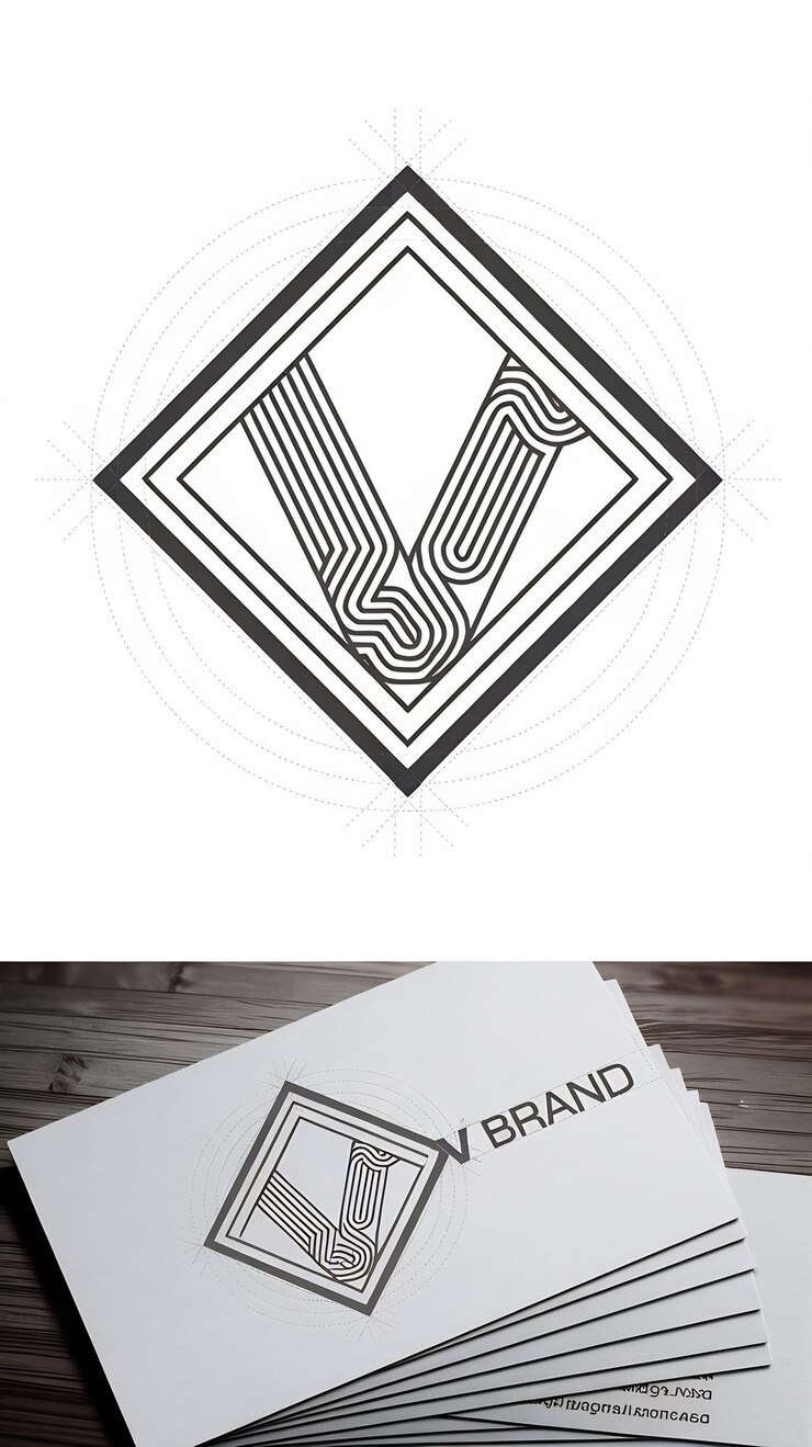 Foto abstracto logotipo lineal de la letra v icono de la compañía diseño vectorial de signo de rombo con tarjeta de visita de marca