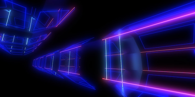 abstracto con luces de neón. túnel de neón construcción espacial.