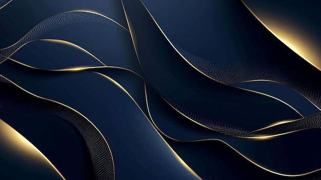 Abstracto lujo líneas doradas curvas superpuestas en fondo azul oscuro Generativo Ai