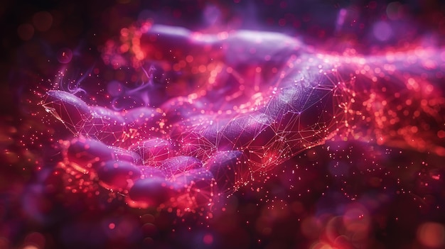 Abstracto Mano digital en una nebulosa roja y púrpura