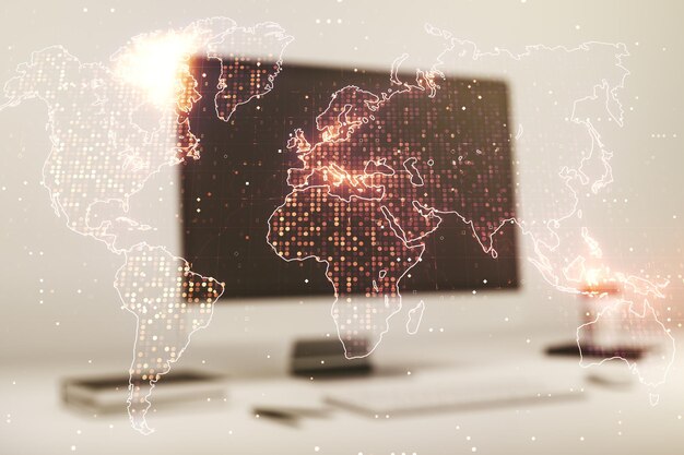 Abstracto mapa creativo del mundo en el fondo de una computadora portátil moderna concepto de comercio internacional multiexposición