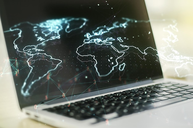 Abstracto mapa del mundo digital creativo en el concepto de globalización de fondo informático moderno Multiexposición