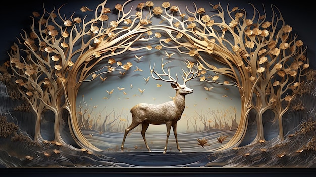 Abstracto moderno 3d interior mural de venado arte de pared oscuro y dorado árboles del bosque ciervos animales salvajes w