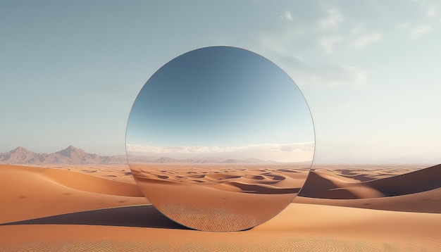 Abstracto moderno mínimo fondo panorámico con espejo redondo en paisaje desértico con dunas de arena