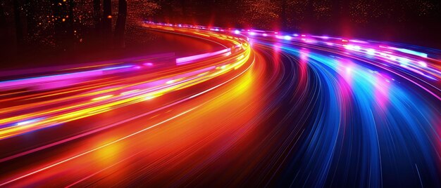 Abstracto Movimento de velocidade na estrada de luzes brilhantes de néon na estrada escura