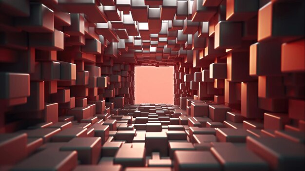 Abstracto Movimiento 3D Vastos cubos con luz de puerta y agujero Habitación intrigante con abundancia de puerta roja