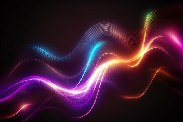 Abstracto neón brillante luz en la oscuridad con ondas ilustración digital pintura obra de arte