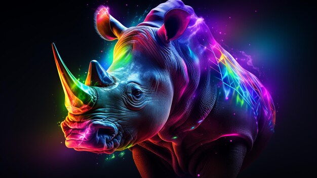 Foto abstracto neon rinoceronte imagem de pintura animal ia geradora