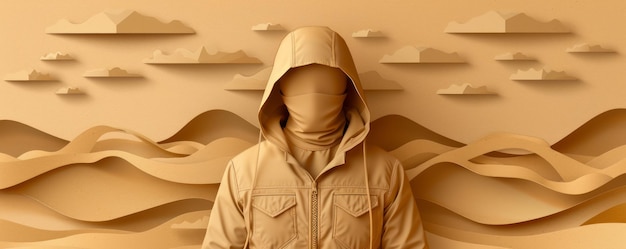 Foto abstracto nómada del desierto art minimalista representación de una figura vestida con capucha en un monocromático arenoso