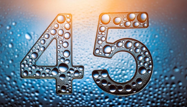 Foto abstracto número cuarenta y cinco futurista brillante 45 símbolo gotas de agua colores de neón renderización 3d